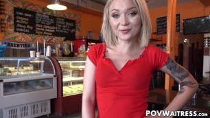 Petite waitress Dakota Skye wants customers cum in mouth