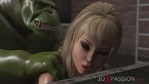 Horny girl gets fucked hard by a green monster in the sewer