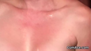 Peculiar looker gets cumshot on her face eating all the spunk